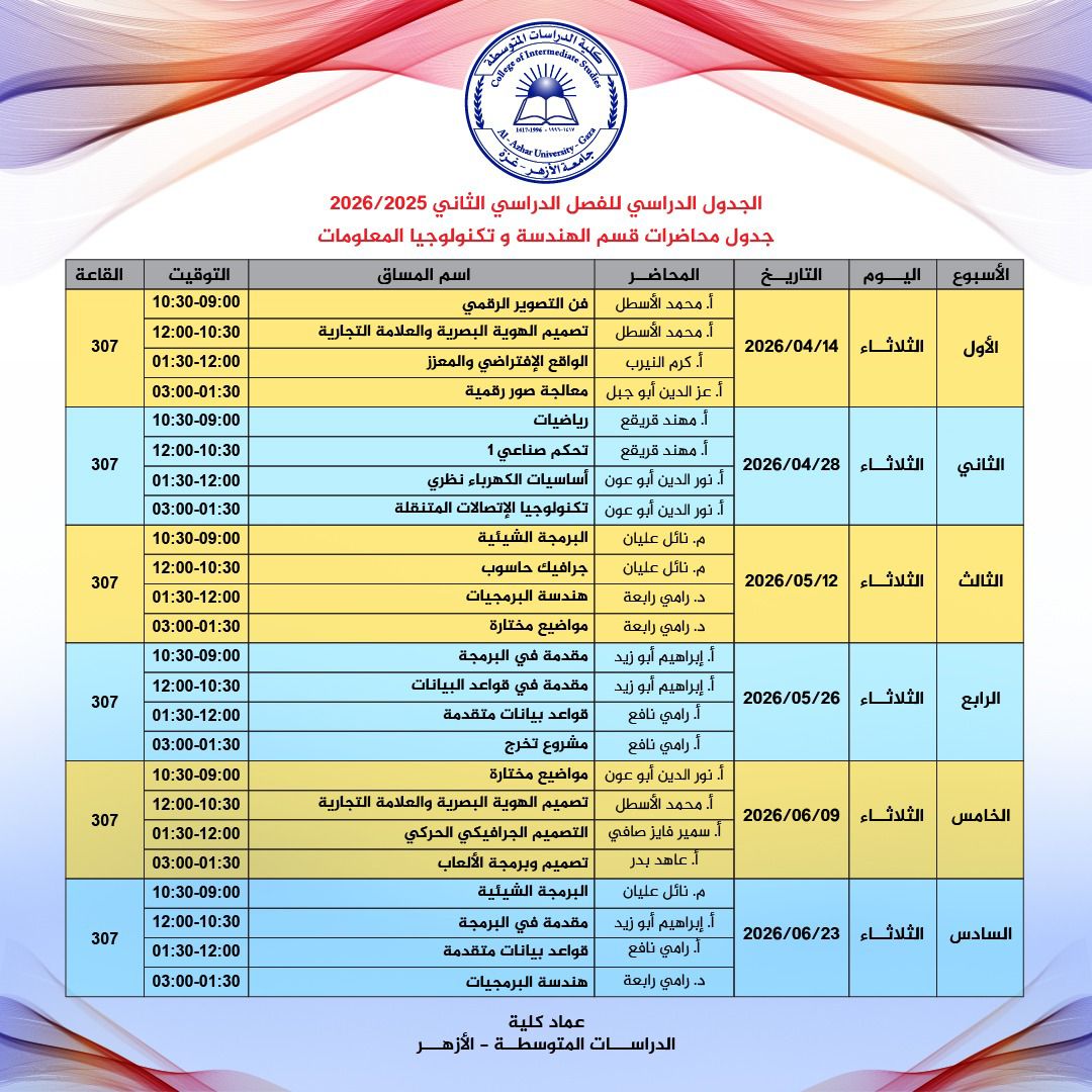 جدول محاضرات قسم الهندسة وتكنولوجيا المعلومات 